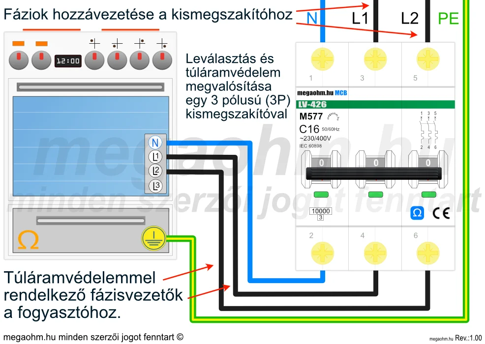 Hárompólusú (3P) kismegszakító bekötése kétfázisú áramkörbe: 2 fázis + nulla vezeték megszakítása, leválasztás